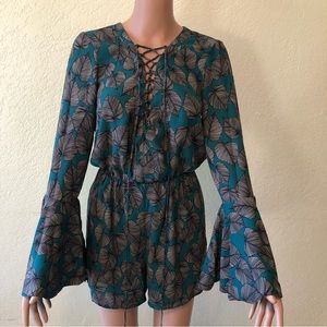 Mas Animale Overall Romper Women’s Size 36(XS/S) Green/Gray Long Flared Sleeves